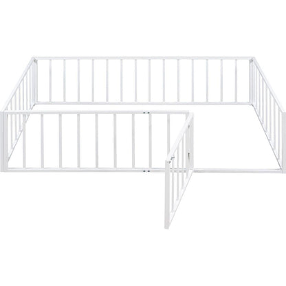 Twin Size Metal Floor Bed Frame with Fence and Door, White