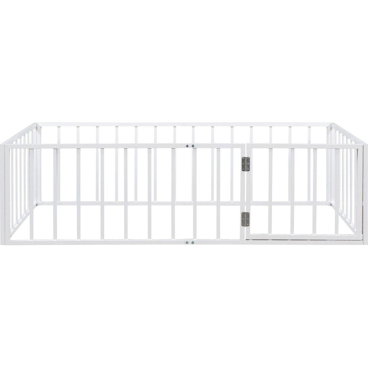 Twin Size Metal Floor Bed Frame with Fence and Door, White