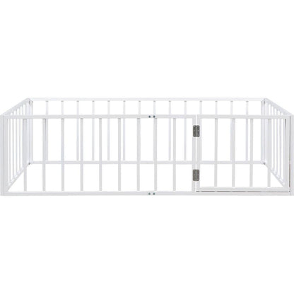 Twin Size Metal Floor Bed Frame with Fence and Door, White