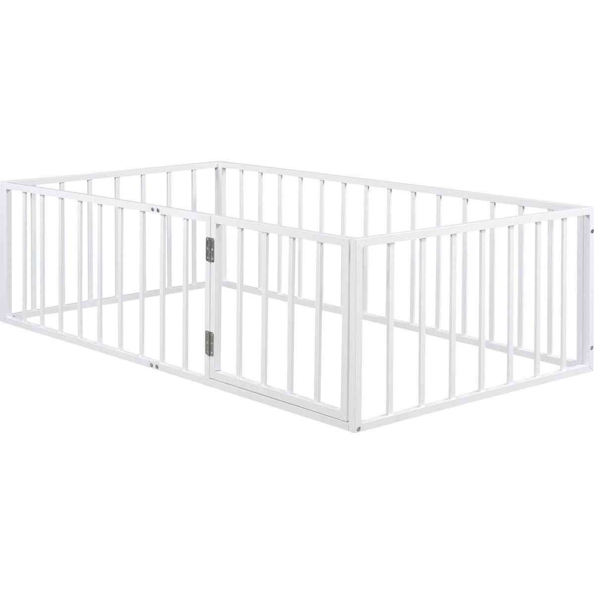 Twin Size Metal Floor Bed Frame with Fence and Door, White