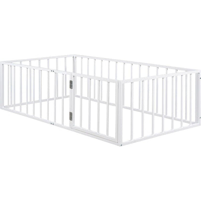 Twin Size Metal Floor Bed Frame with Fence and Door, White