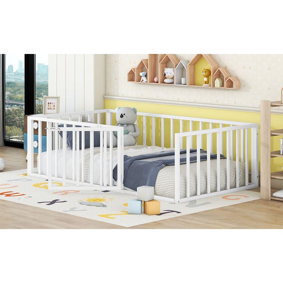 Twin Size Metal Floor Bed Frame with Fence and Door, White