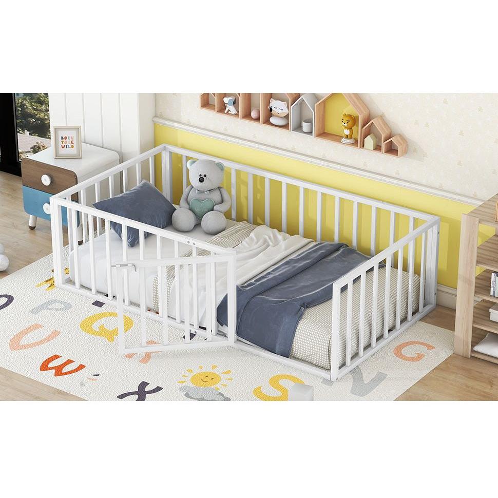 Twin Size Metal Floor Bed Frame with Fence and Door, White