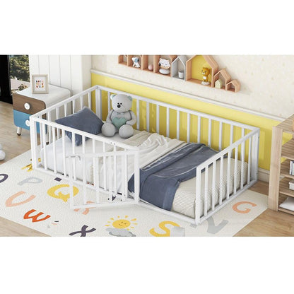 Twin Size Metal Floor Bed Frame with Fence and Door, White