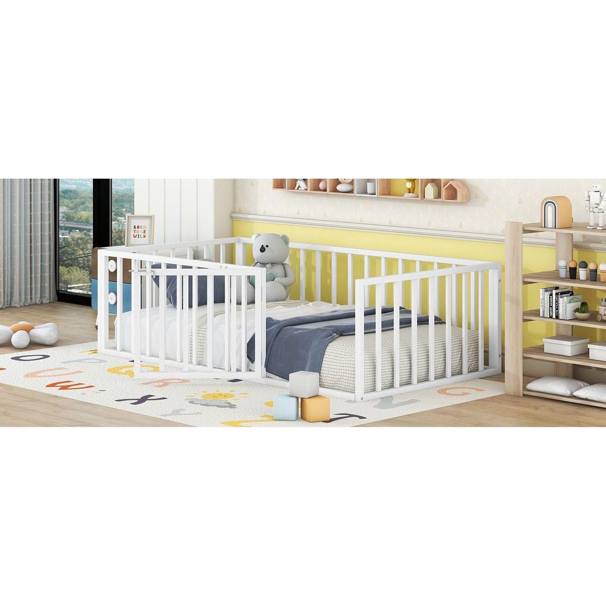 Twin Size Metal Floor Bed Frame with Fence and Door, White