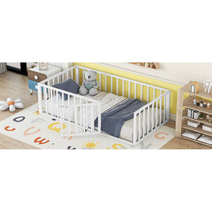 Twin Size Metal Floor Bed Frame with Fence and Door, White