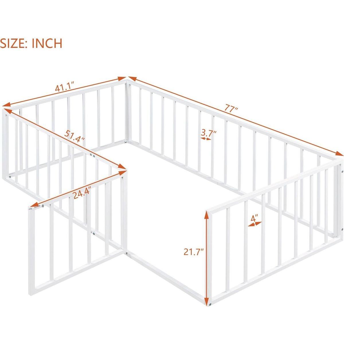 Twin Size Metal Floor Bed Frame with Fence and Door, White