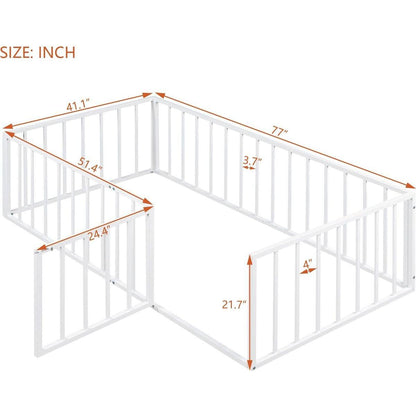 Twin Size Metal Floor Bed Frame with Fence and Door, White