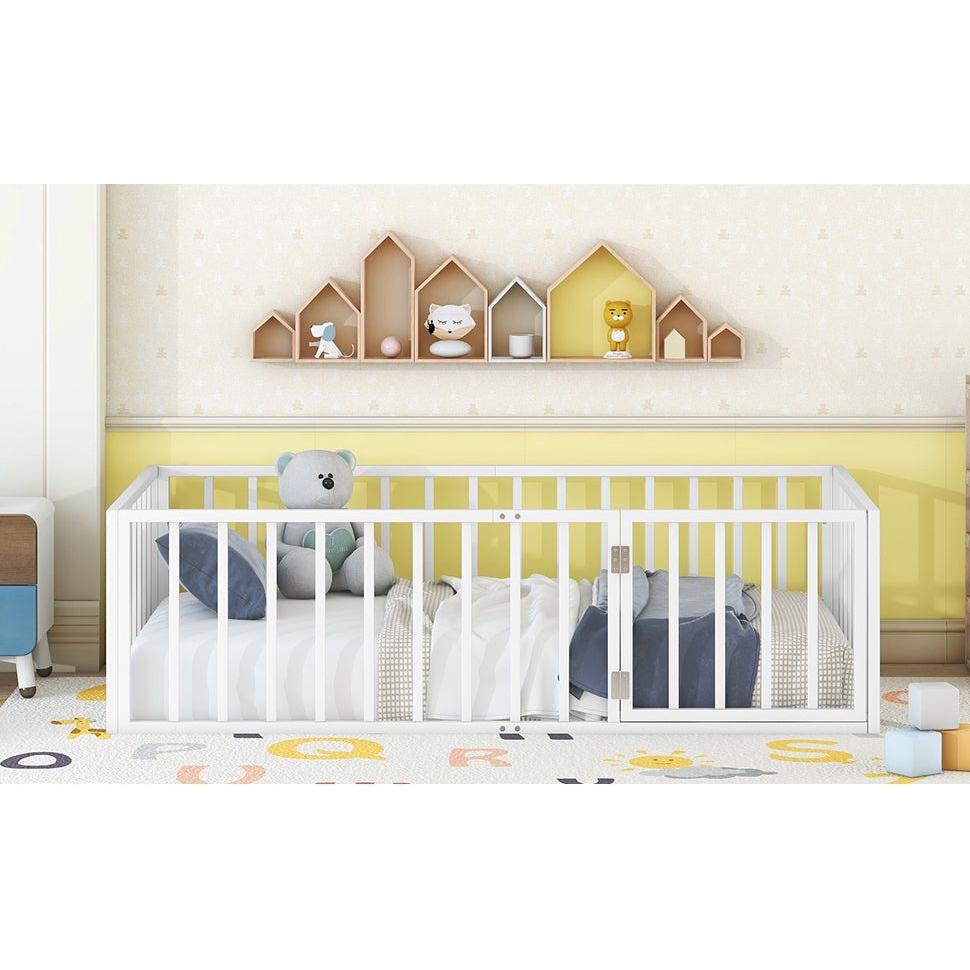 Twin Size Metal Floor Bed Frame with Fence and Door, White