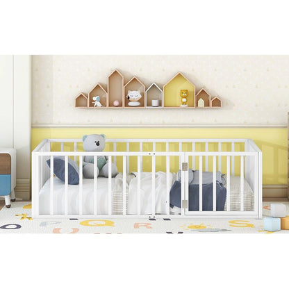 Twin Size Metal Floor Bed Frame with Fence and Door, White