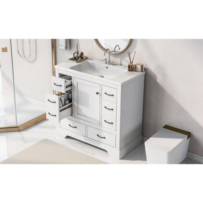 36" Bathroom Vanity with Sink Combo, Six Drawers, Multi-Functional Drawer Divider, Adjustable Shelf, White