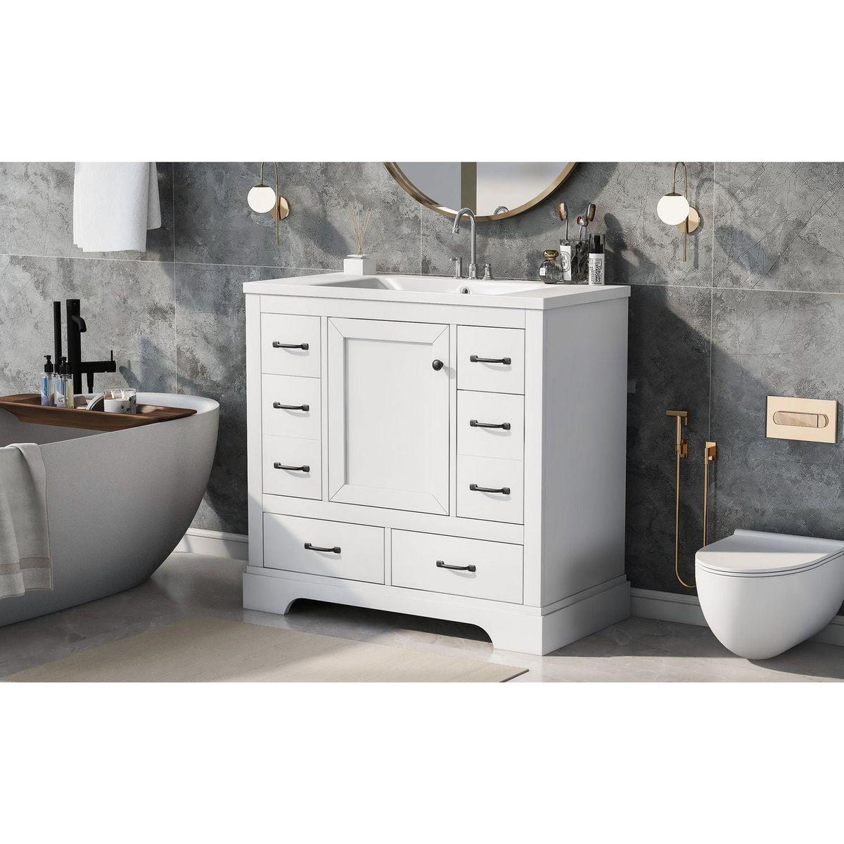 36" Bathroom Vanity with Sink Combo, Six Drawers, Multi-Functional Drawer Divider, Adjustable Shelf, White