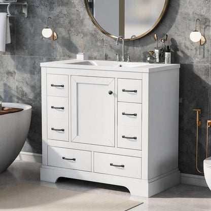 36" Bathroom Vanity with Sink Combo, Six Drawers, Multi-Functional Drawer Divider, Adjustable Shelf, White