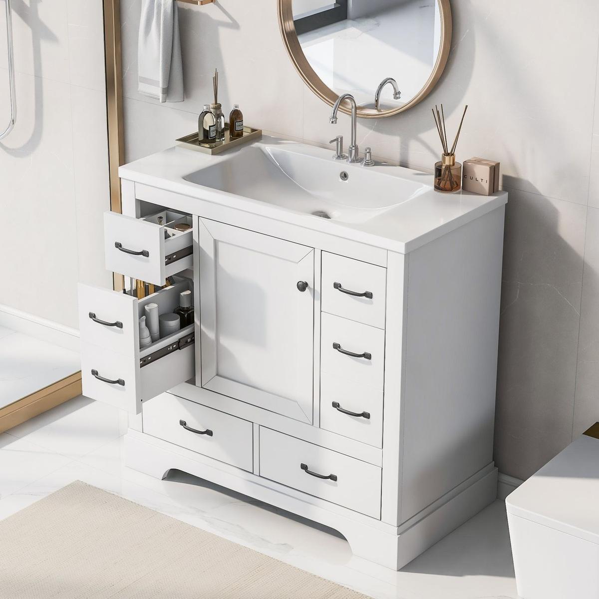 36" Bathroom Vanity with Sink Combo, Six Drawers, Multi-Functional Drawer Divider, Adjustable Shelf, White