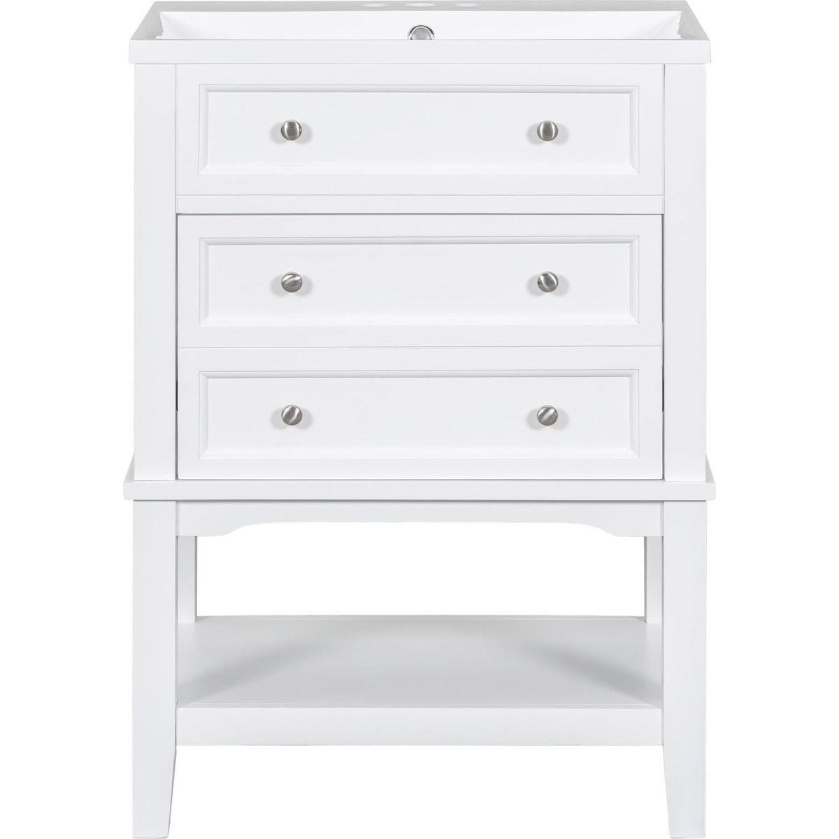 24" Bathroom Vanity With Sink, Bathroom Storage Cabinet with Drawer and Open Shelf, Solid Wood Frame, White