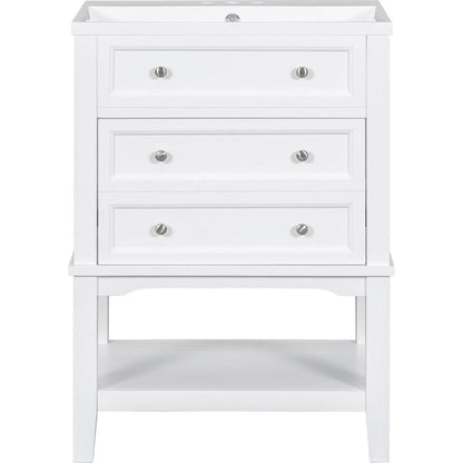 24" Bathroom Vanity With Sink, Bathroom Storage Cabinet with Drawer and Open Shelf, Solid Wood Frame, White