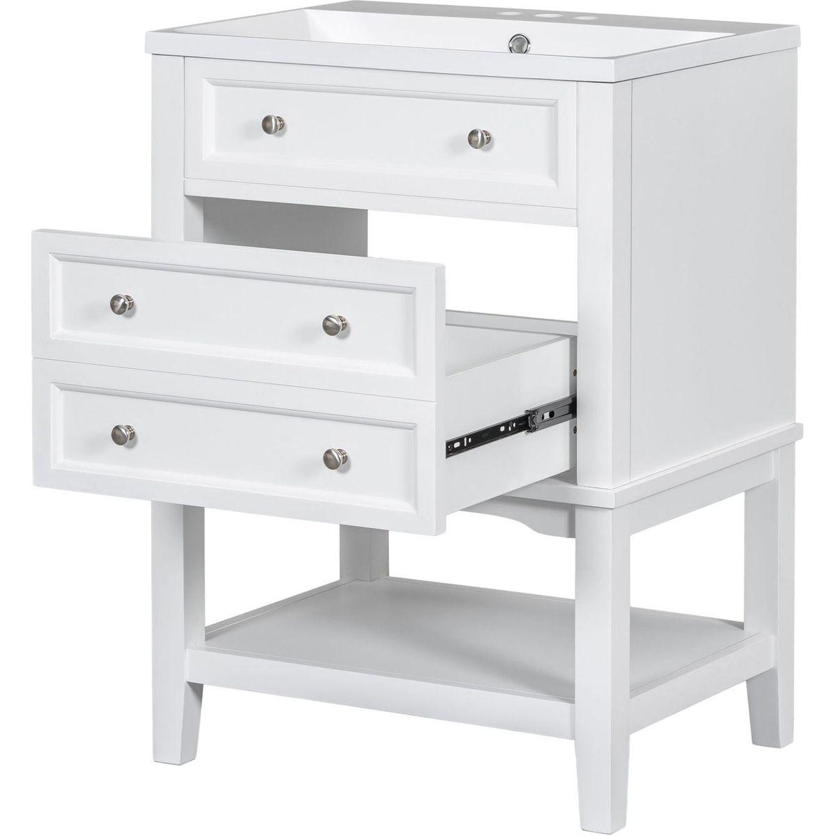 24" Bathroom Vanity With Sink, Bathroom Storage Cabinet with Drawer and Open Shelf, Solid Wood Frame, White