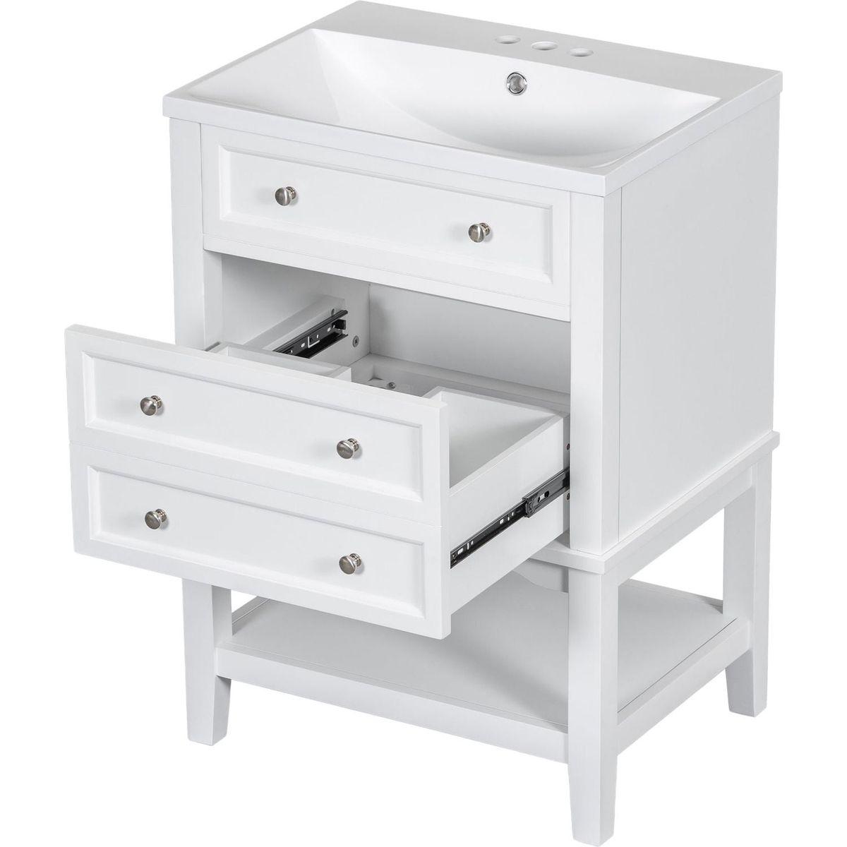 24" Bathroom Vanity With Sink, Bathroom Storage Cabinet with Drawer and Open Shelf, Solid Wood Frame, White