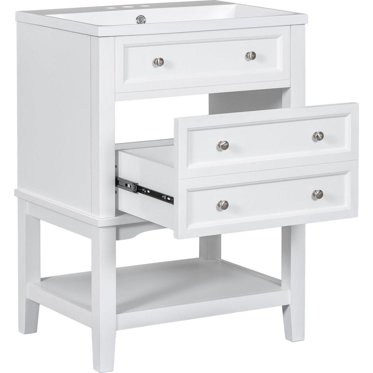 24" Bathroom Vanity With Sink, Bathroom Storage Cabinet with Drawer and Open Shelf, Solid Wood Frame, White