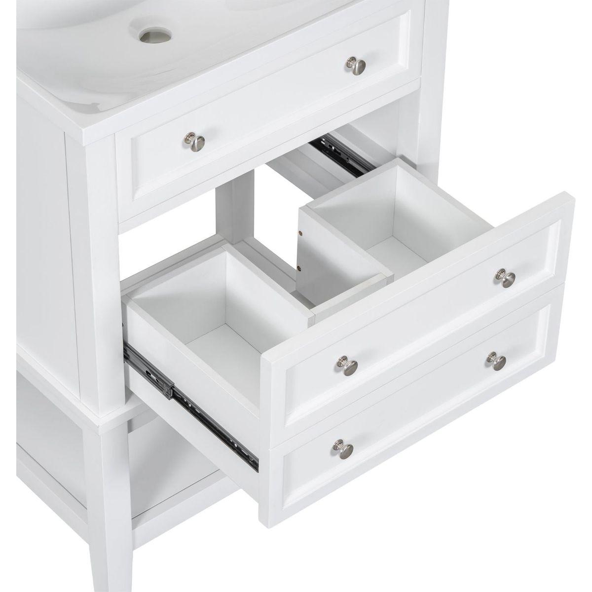 24" Bathroom Vanity With Sink, Bathroom Storage Cabinet with Drawer and Open Shelf, Solid Wood Frame, White