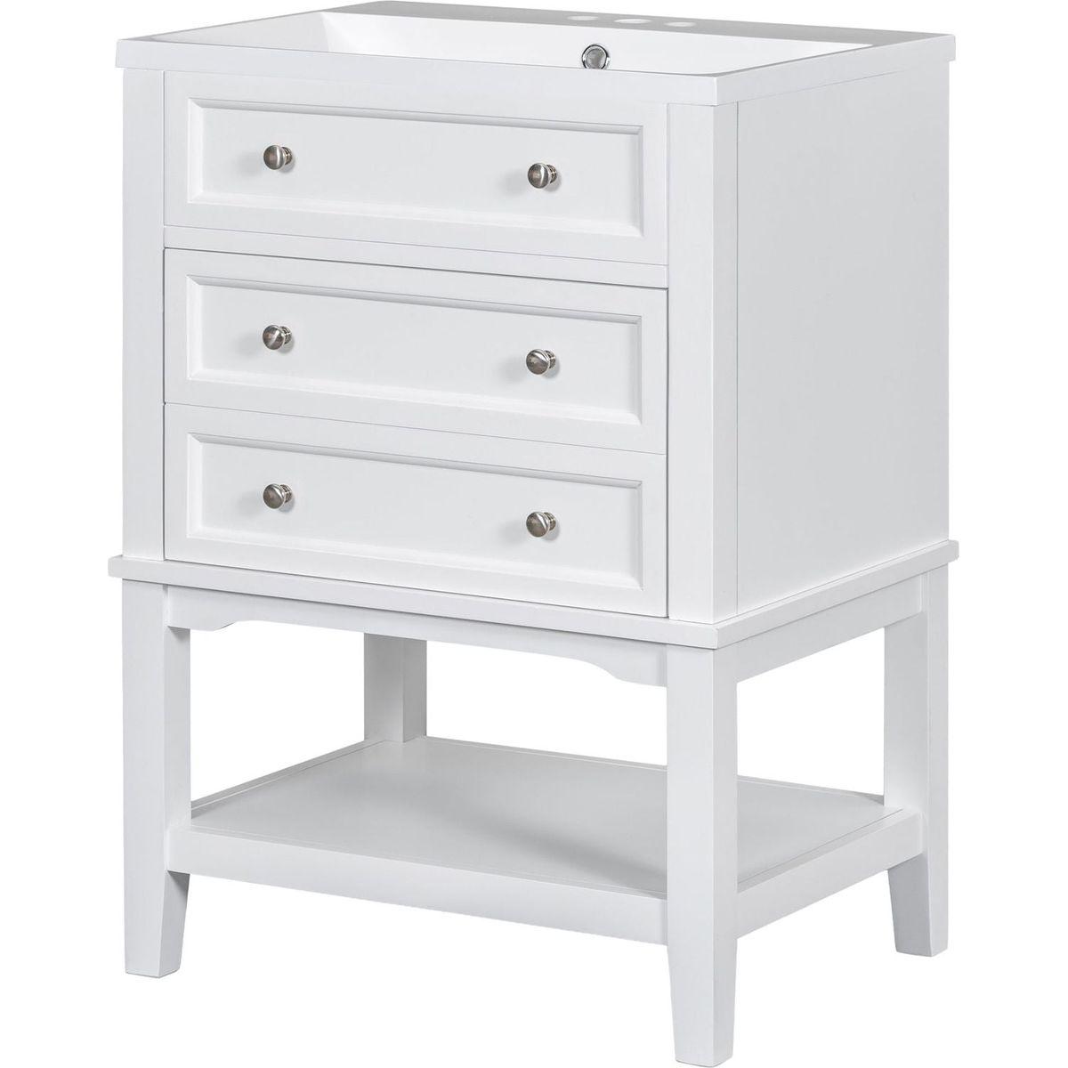 24" Bathroom Vanity With Sink, Bathroom Storage Cabinet with Drawer and Open Shelf, Solid Wood Frame, White