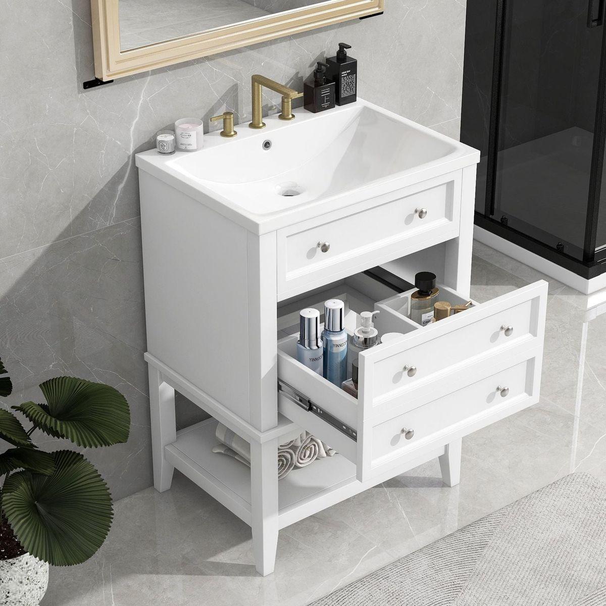 24" Bathroom Vanity With Sink, Bathroom Storage Cabinet with Drawer and Open Shelf, Solid Wood Frame, White