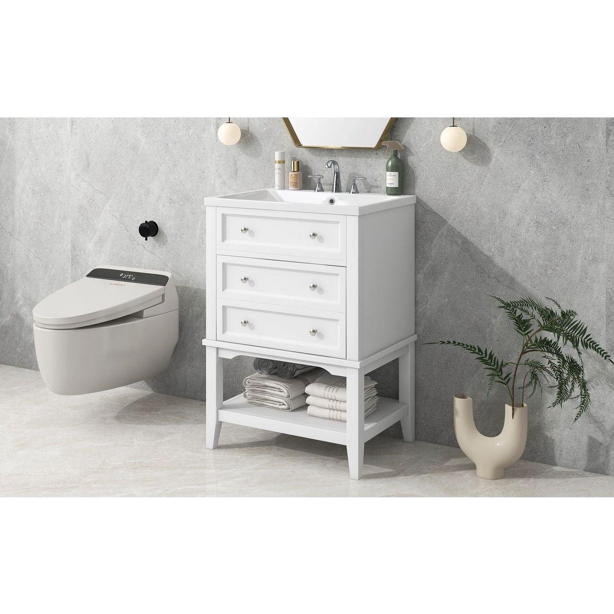 24" Bathroom Vanity With Sink, Bathroom Storage Cabinet with Drawer and Open Shelf, Solid Wood Frame, White