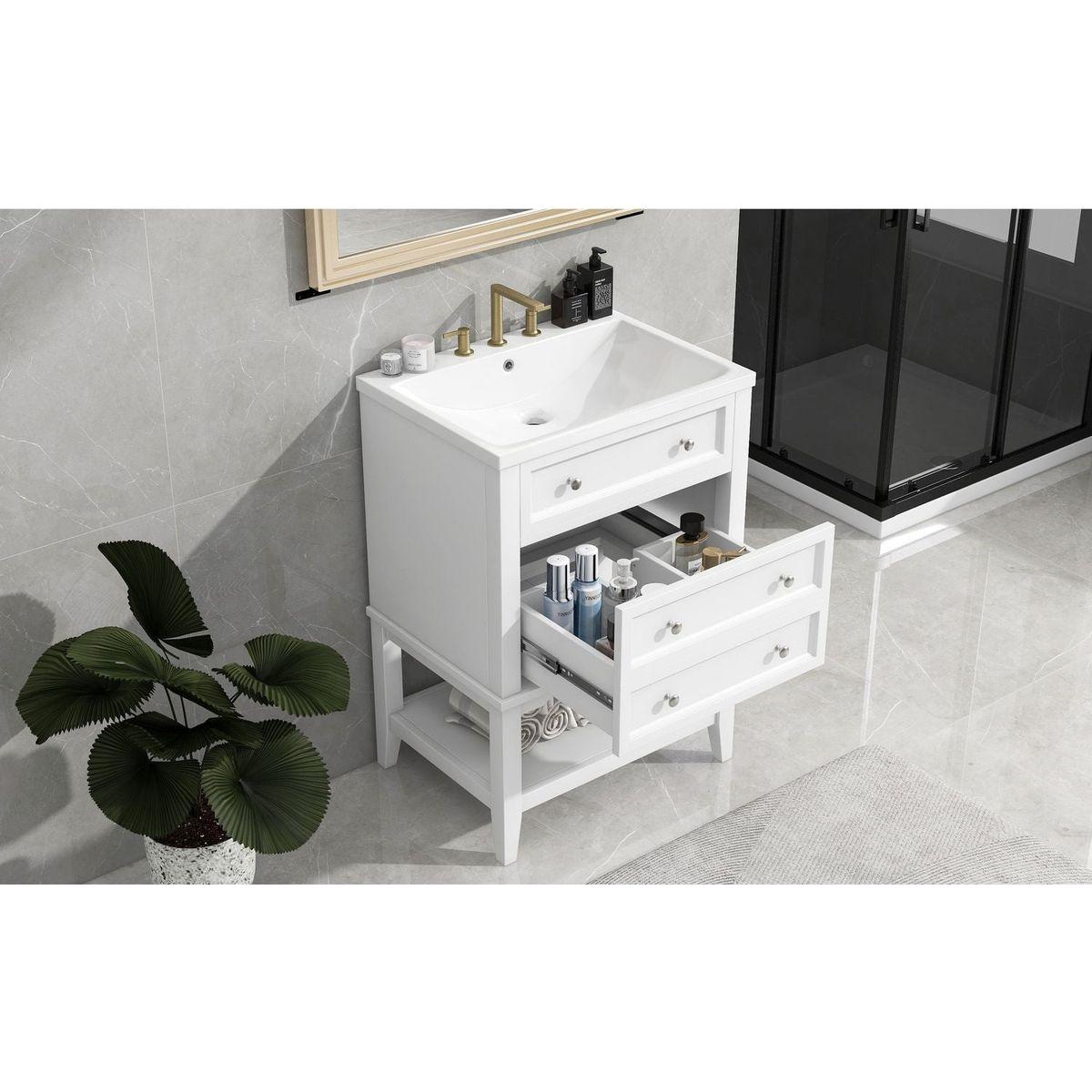 24" Bathroom Vanity With Sink, Bathroom Storage Cabinet with Drawer and Open Shelf, Solid Wood Frame, White