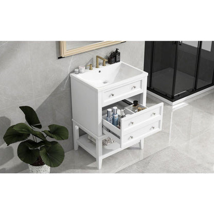 24" Bathroom Vanity With Sink, Bathroom Storage Cabinet with Drawer and Open Shelf, Solid Wood Frame, White