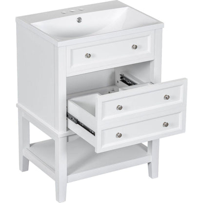 24" Bathroom Vanity With Sink, Bathroom Storage Cabinet with Drawer and Open Shelf, Solid Wood Frame, White