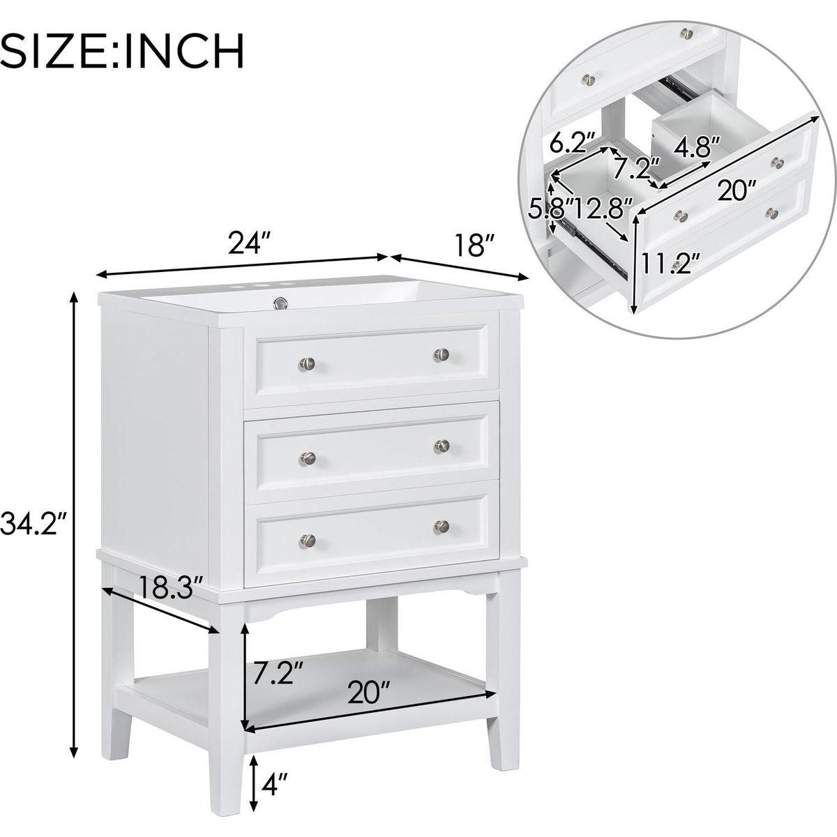 24" Bathroom Vanity With Sink, Bathroom Storage Cabinet with Drawer and Open Shelf, Solid Wood Frame, White