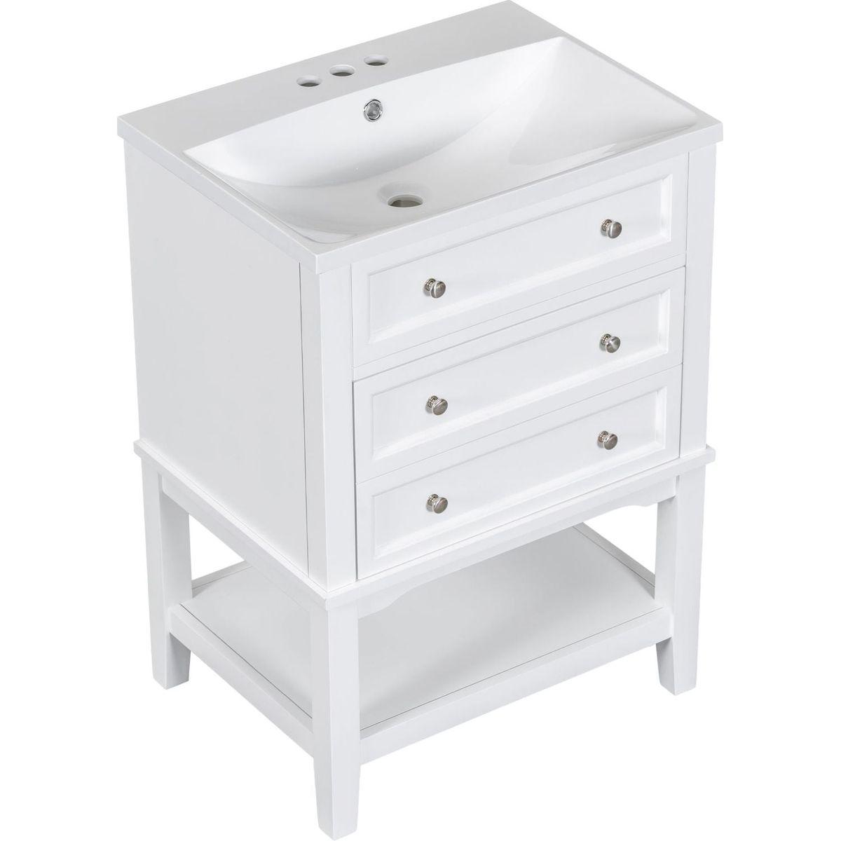 24" Bathroom Vanity With Sink, Bathroom Storage Cabinet with Drawer and Open Shelf, Solid Wood Frame, White