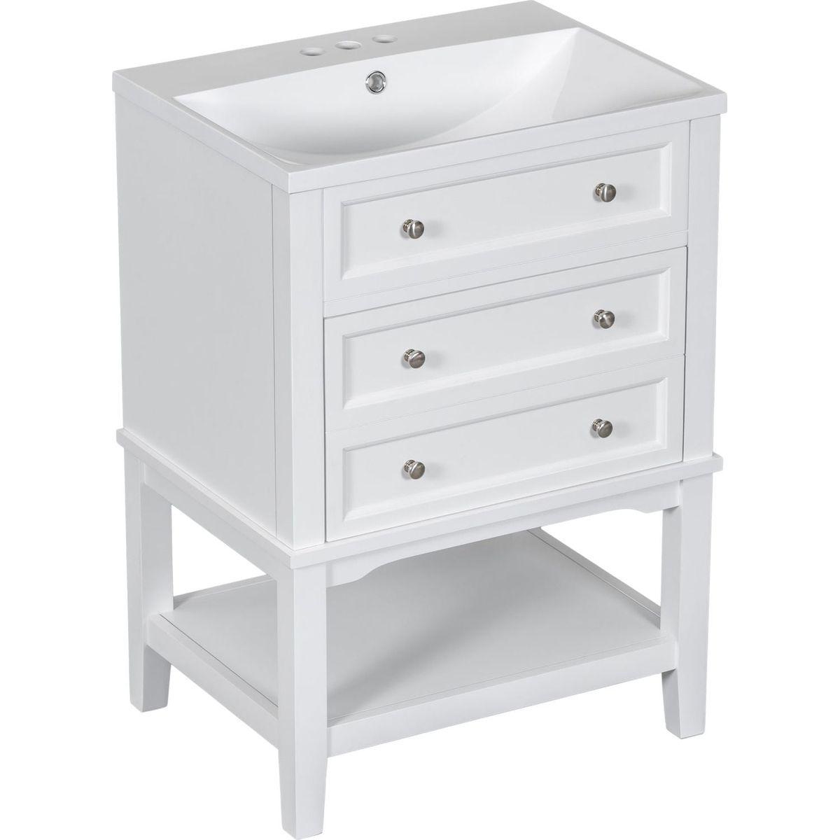 24" Bathroom Vanity With Sink, Bathroom Storage Cabinet with Drawer and Open Shelf, Solid Wood Frame, White