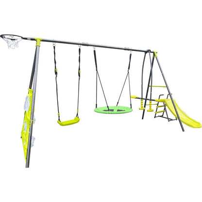 XNS052 green and blue interesting six function swingset with net swing metal plastic safe swing set 440lbs for outdoor playground for age 3+ with 31.5in net swing