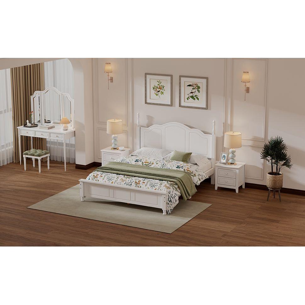 3-Pieces Bedroom Sets,Queen Size Wood Platform Bed and Two Nightstands-White