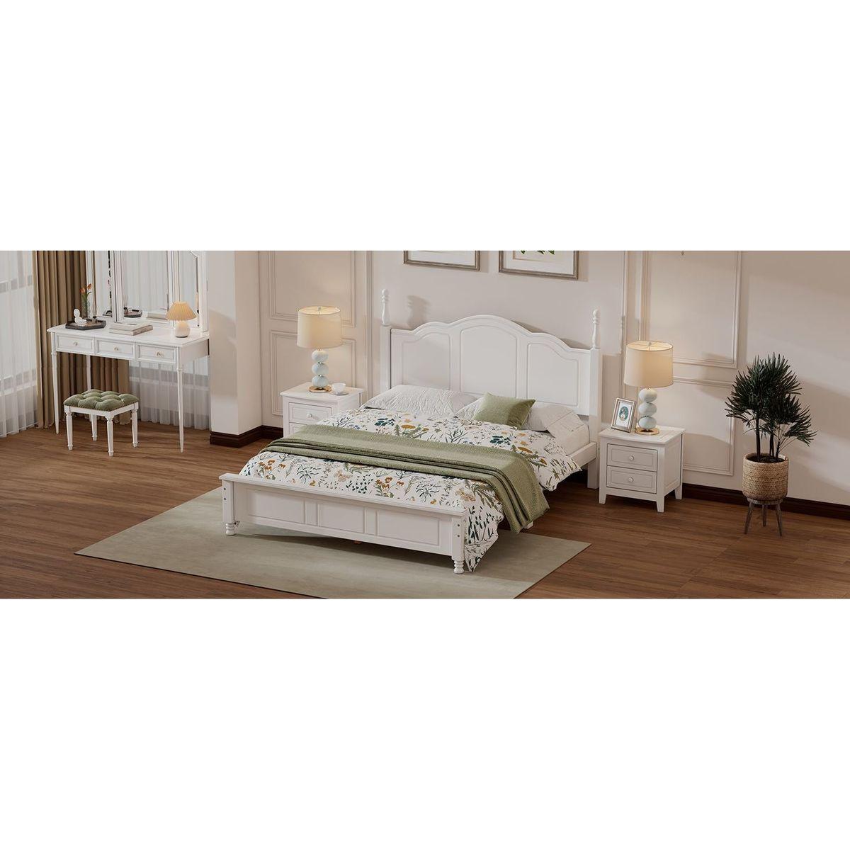 3-Pieces Bedroom Sets,Queen Size Wood Platform Bed and Two Nightstands-White