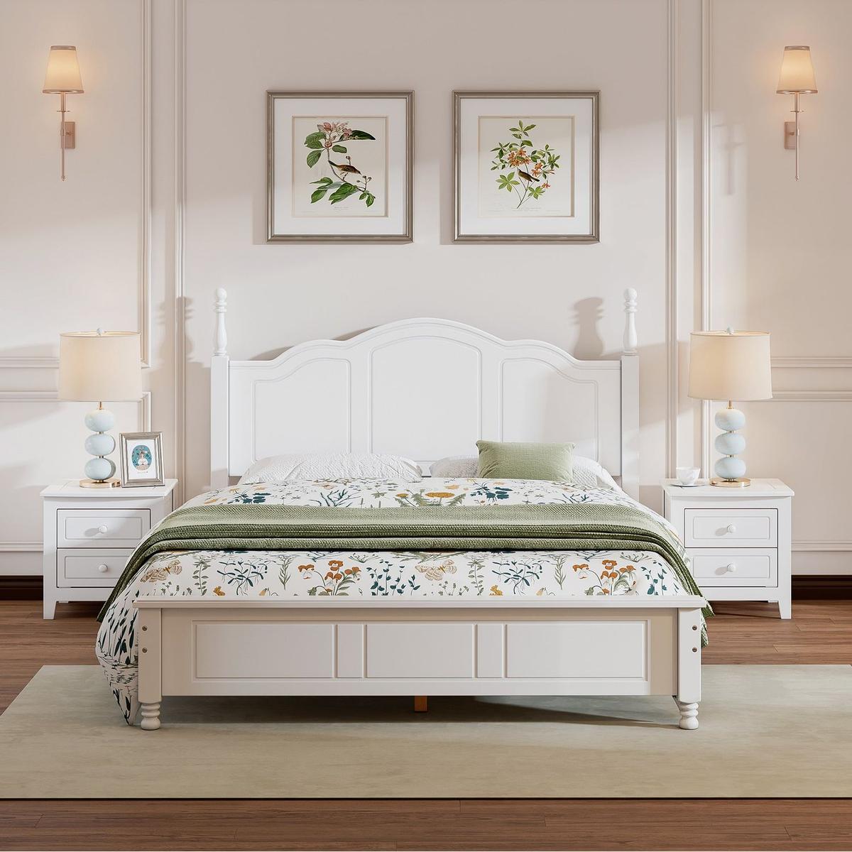 3-Pieces Bedroom Sets,Queen Size Wood Platform Bed and Two Nightstands-White