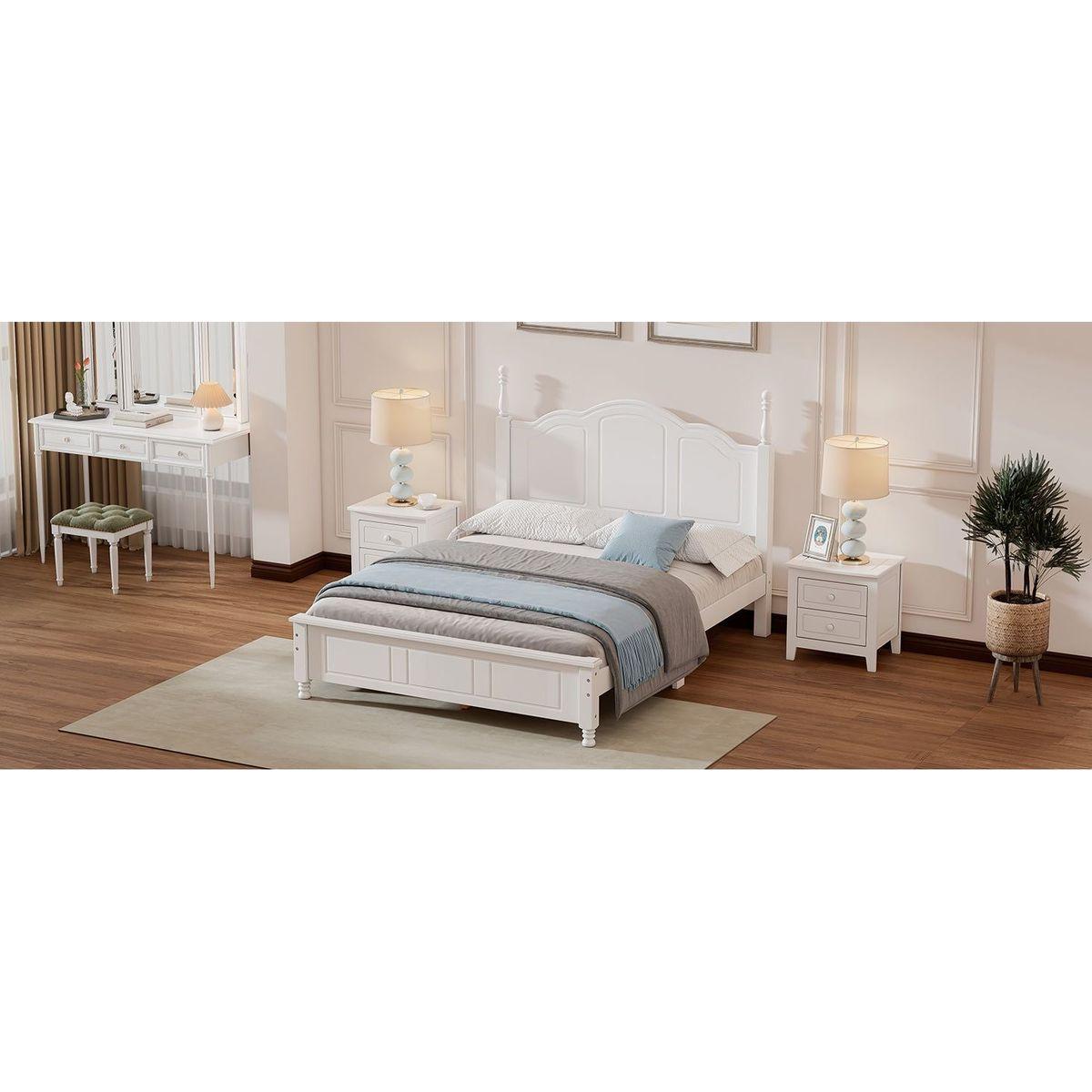 3-Pieces Bedroom Sets,Full Size Wood Platform Bed and Two Nightstands-White