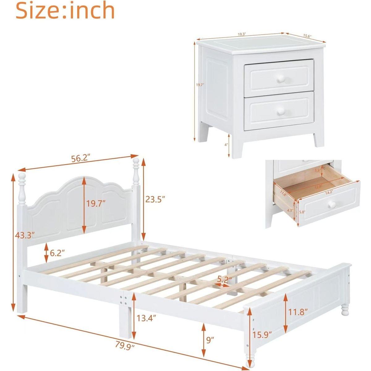 3-Pieces Bedroom Sets,Full Size Wood Platform Bed and Two Nightstands-White