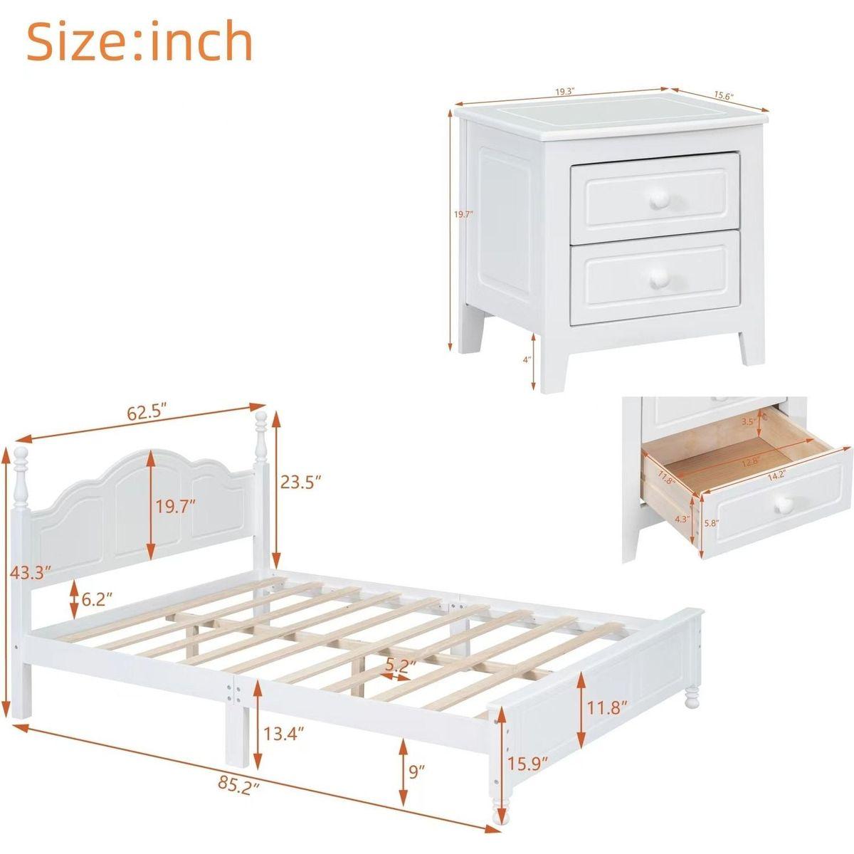 3-Pieces Bedroom Sets,Queen Size Wood Platform Bed and Two Nightstands-White