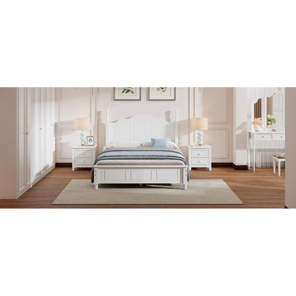 3-Pieces Bedroom Sets,Full Size Wood Platform Bed and Two Nightstands-White