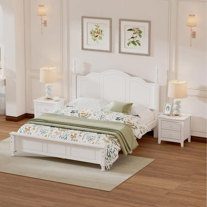 3-Pieces Bedroom Sets,Queen Size Wood Platform Bed and Two Nightstands-White