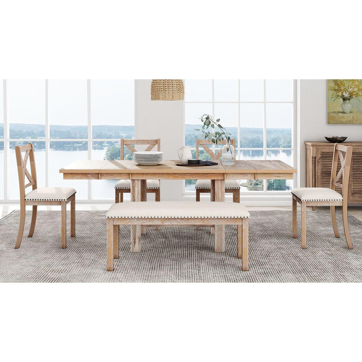 Farmhouse 82inch 6-Piece Extendable Dining Table with Footrest, 4 Upholstered Dining Chairs and Dining Bench, Two 11"Removable Leaf, Natural+Beige Cushion