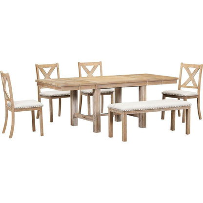 Farmhouse 82inch 6-Piece Extendable Dining Table with Footrest, 4 Upholstered Dining Chairs and Dining Bench, Two 11"Removable Leaf, Natural+Beige Cushion