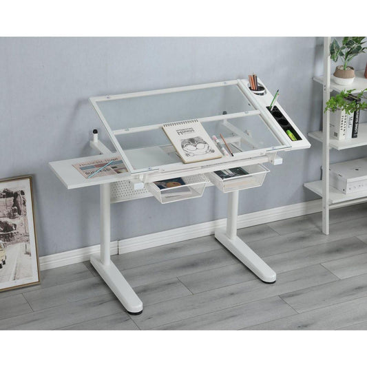 hand crank adjustable drafting table drawing desk with 2 metal drawers (white)WITH STOOL