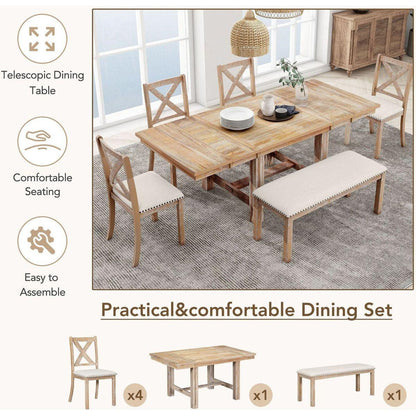 Farmhouse 82inch 6-Piece Extendable Dining Table with Footrest, 4 Upholstered Dining Chairs and Dining Bench, Two 11"Removable Leaf, Natural+Beige Cushion