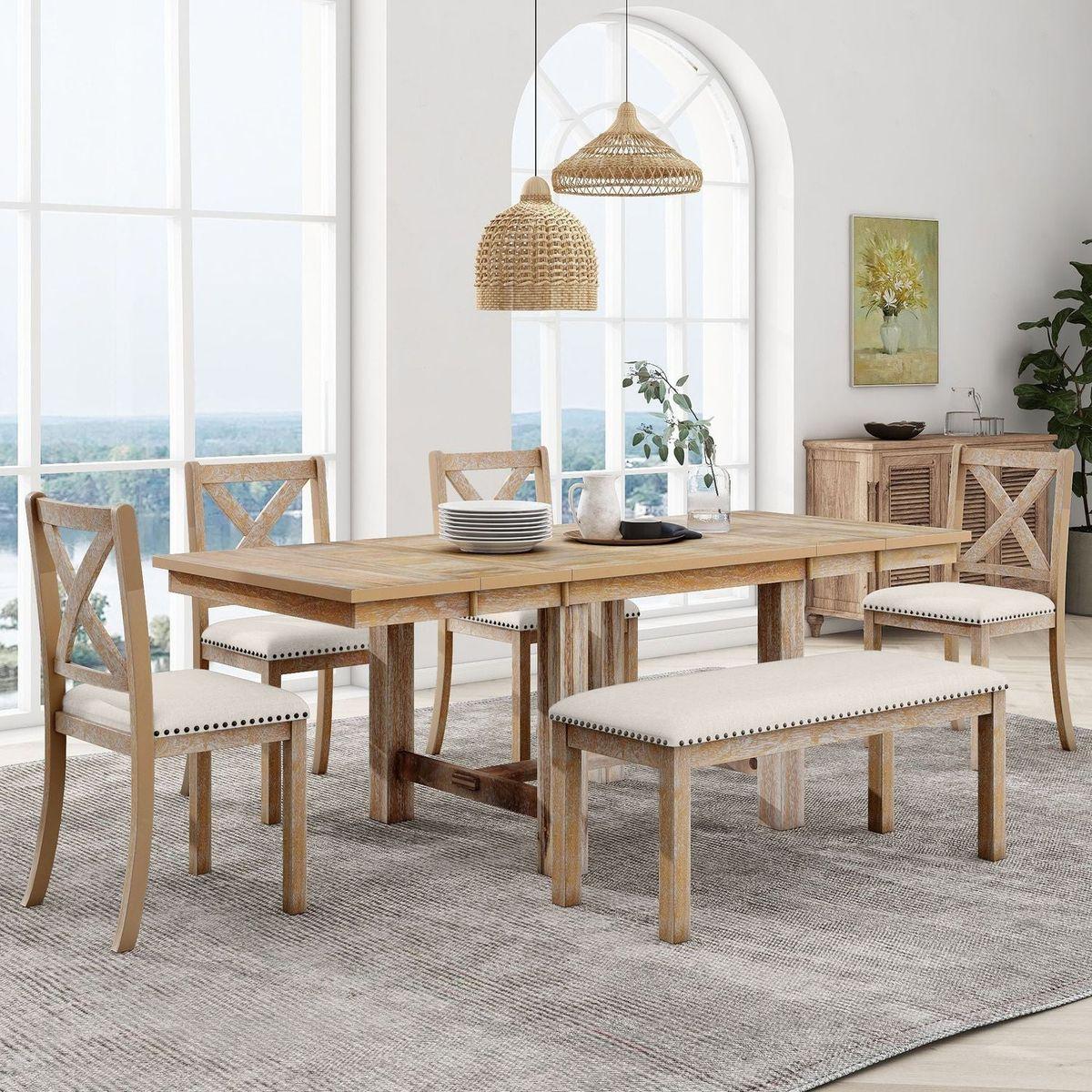 Farmhouse 82inch 6-Piece Extendable Dining Table with Footrest, 4 Upholstered Dining Chairs and Dining Bench, Two 11"Removable Leaf, Natural+Beige Cushion