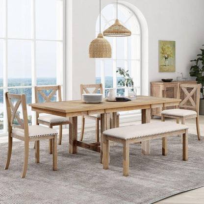 Farmhouse 82inch 6-Piece Extendable Dining Table with Footrest, 4 Upholstered Dining Chairs and Dining Bench, Two 11"Removable Leaf, Natural+Beige Cushion