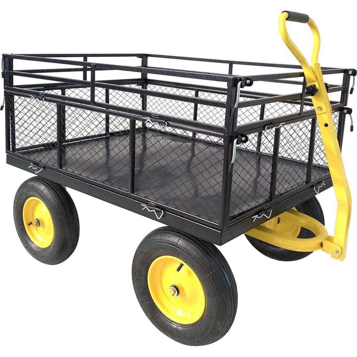Steel Garden Cart, Heavy Duty 1400 lbs Capacity, with Removable Mesh Sides to Convert into Flatbed, Utility Metal Wagon with 2-in-1 Handle and 16 in Tires, Perfect for Garden, Farm, Yard