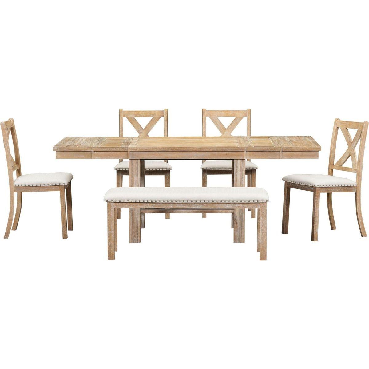 Farmhouse 82inch 6-Piece Extendable Dining Table with Footrest, 4 Upholstered Dining Chairs and Dining Bench, Two 11"Removable Leaf, Natural+Beige Cushion